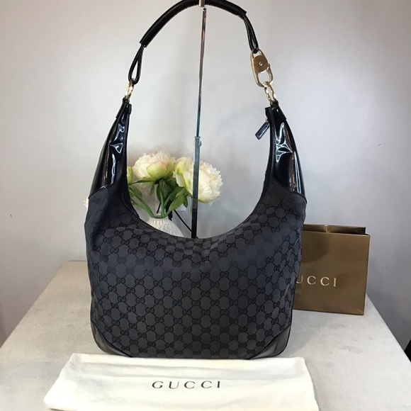 🛍GUCCI Black Canvas/Patent leather Large Hobo Bag - Picture 1 of 14
